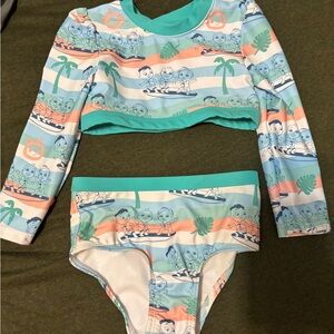 Kids Swim Set with Cartoon Print - Blue and Green
